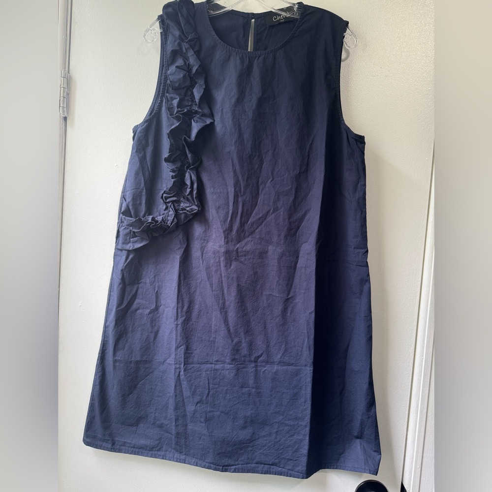 Chepe Italy Navy Made In Italy Sleeveless Ruffle Blue Dress